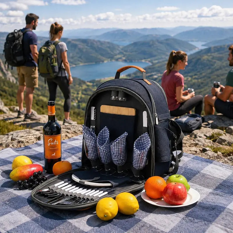 Insulated Picnic Backpack with Cooler & Picnic Set on mountain